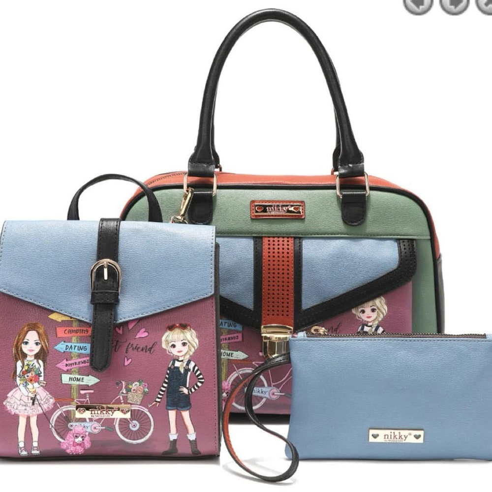 Nicole Lee Multicolor Tote & Satchel Set - Blue, Pink, Green